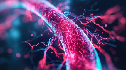Poster - Macro view of glowing nerve cell in vibrant colors on isolated background