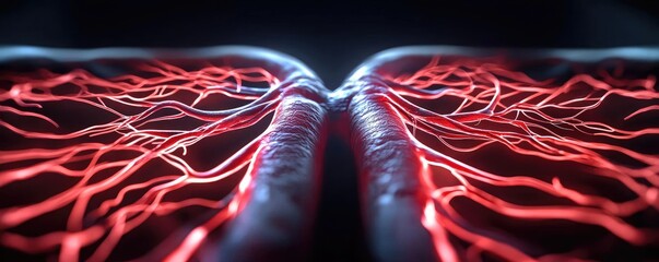Poster - Close-up view of red blood vessels with intricate patterns against a dark background.
