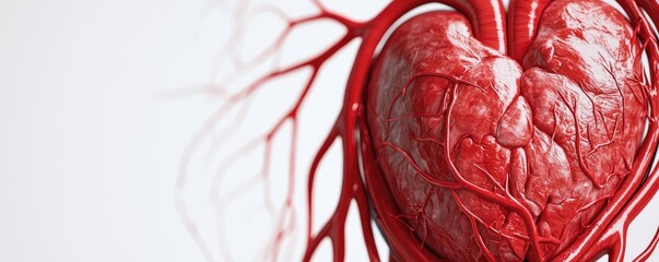 Poster - Red human heart model with intricate vascular structure, white isolated background.