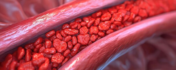 Poster - Close-up view of red blood cells in a blood vessel, vibrant colors and detailed textures.