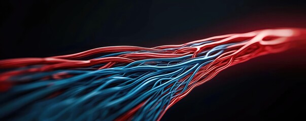 Poster - Abstract representation of flowing energy with red and blue lines on black background.