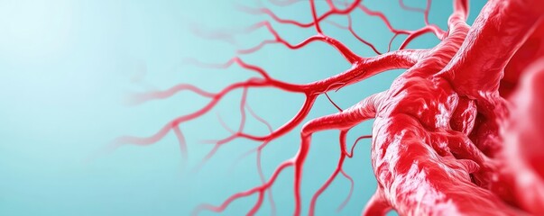Poster - Close-up view of red blood vessels on a soft blue background.