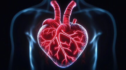 Poster - 3D illustration of a glowing heart anatomy on a dark background.