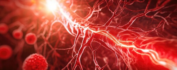 Poster - Abstract representation of blood vessels and cells in red color tones.