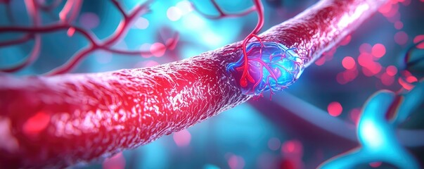 Poster - 3D rendering of blood vessel details with vibrant colors and glowing particles.
