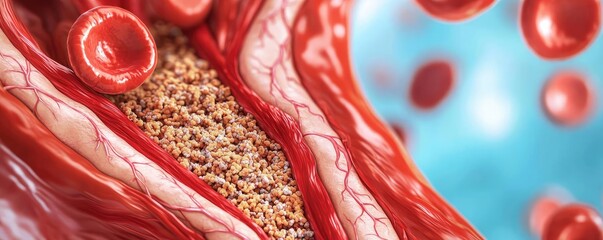 Poster - Detailed illustration of blood vessel with red blood cells and plaque formation.