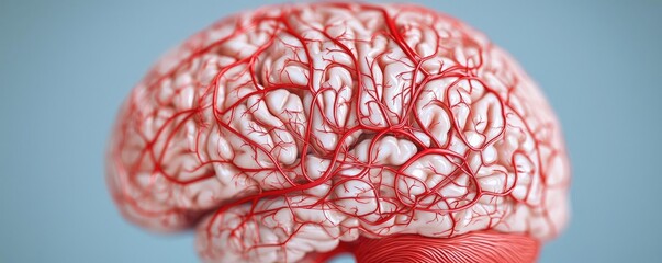 Poster - Detailed view of a human brain with visible blood vessels on a blue background.
