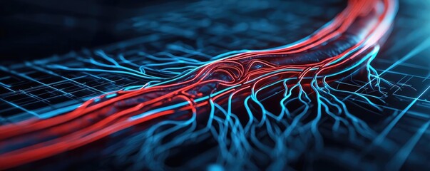 Poster - Abstract digital landscape with red and blue lines on a dark background.