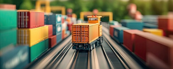 Poster - Container train moving through a freight terminal with stacked shipping containers.