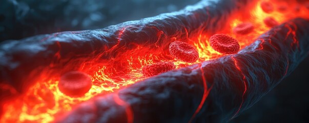 Poster - Red blood cells flowing through a vein with glowing effects, dark background.