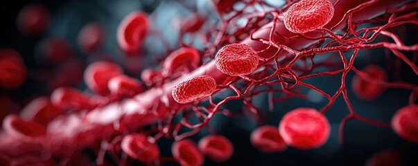 Poster - Close-up view of red blood cells flowing through a blood vessel, dark background.