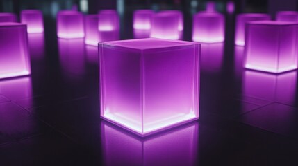 Poster - A serene arrangement of illuminated purple cubes on a reflective surface.