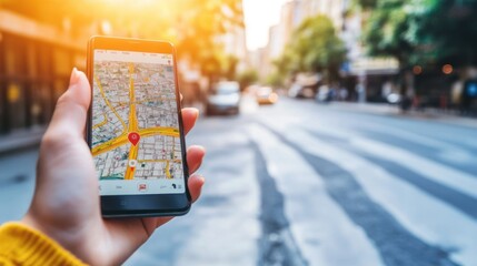 Poster - A person holding a smartphone displaying a map on a city street during sunset.