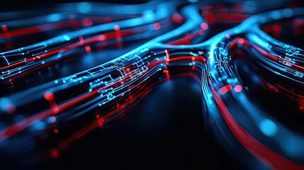 Poster - Abstract digital circuit design with glowing blue and red lights.