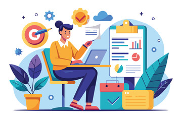 Poster - A focused employee types her CV letter while surrounded by charts and plants in a vibrant office, Employee creates a CV letter, flat illustration.