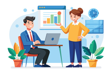 Poster - an employee discusses key performance indicators with a manager while seated at a desk in an office,
