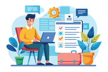 Poster - an employee sits at a desk creating a cv letter, surrounded by plants and digital tools for inspirat