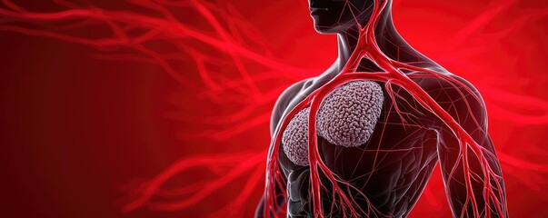 Poster - Human anatomy illustration with red veins on a dark background.