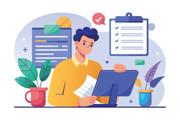 Poster - an employee is focused on reading a contract document while seated at a desk surrounded by plants, e