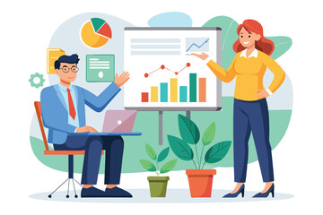 Poster - A manager and employee review a colorful graph illustration in a modern office atmosphere, Employee shows manager a flat illustration of the business chart.
