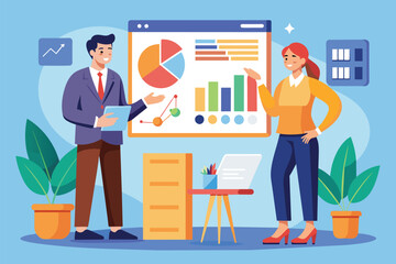 Poster - an employee is showing a flat illustration on a screen to the manager during a collaborative work se