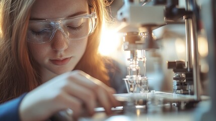Poster - A focused young woman works with laboratory equipment, wearing safety goggles in a scientific setting.
