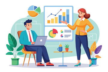 Poster - an employee shows a flat illustration of data trends to the manager during a team meeting in the off