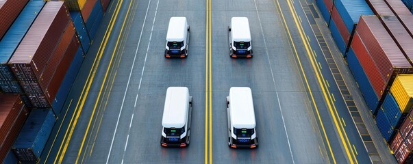 Aufkleber - Overview of trucks on a road near cargo containers in a transport hub.