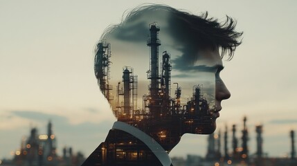 Wall Mural - a double exposure image blending a man's profile with an industrial landscape.
