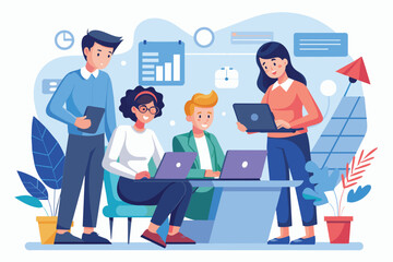 Poster - a group of employees engages in discussion about work tasks around a table with laptops, employees d
