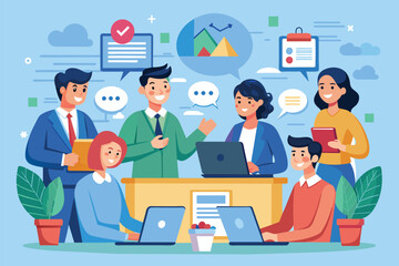 Poster - a group of employees engages in discussion about their tasks at a laptop during a team meeting, empl