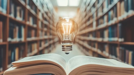 Poster - An illuminated light bulb hovers above an open book in a library setting.