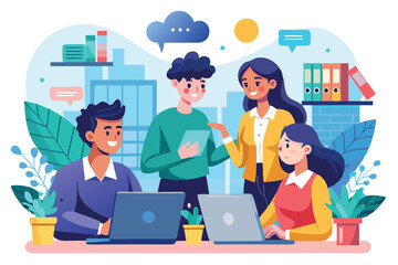 Poster - a group of employees engaging in a collaborative discussion about work in a modern office environmen