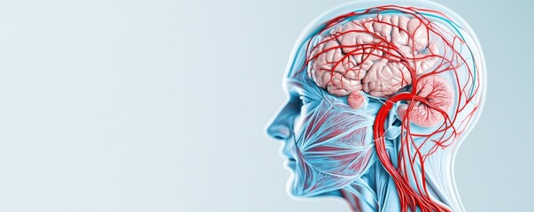 Poster - Anatomical illustration of human head showing brain and vascular system.