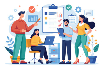 Poster - A group of employees discuss project plans and drawings at a desk, engaging in a collaborative effort, Employees submit plans, simple drawings.