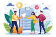 © Ifti Digital - Three employers discuss and finalize a contract while surrounded by greenery and blue skies, Employers agree to the contract with a flat illustration.