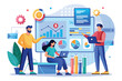 © Ifti Digital - A group of engineers analyzes data and discusses findings using laptops in a vibrant office environment, Engineers analyze large amounts of data using simple visuals.