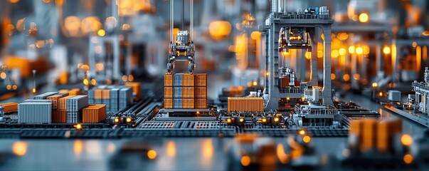 Aufkleber - High-tech warehouse with containers and cranes, vibrant lights reflecting efficiency.