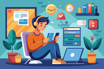 Poster - A person sits comfortably, browsing their phone while surrounded by a vibrant workspace filled with plants, Enjoy using the internet on your phone, with a flat illustration.