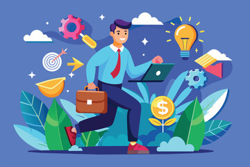 Poster - An entrepreneur confidently begins a new venture, carrying a briefcase and laptop amidst colorful graphics, Entrepreneur starts business with flat illustration.