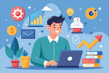 Poster - a young entrepreneur works on his laptop to develop a business strategy, surrounded by growth symbol