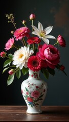 Poster - A vase filled with red and pink flowers sits on a wooden table