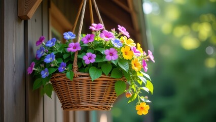 Poster - A basket of flowers hanging from a wall
