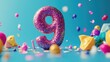 © MK - Number 9 with Confetti and Balloons