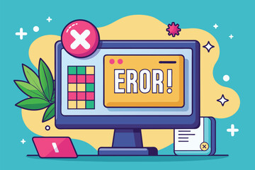 Fototapete - A vibrant digital display showing an error message, surrounded by playful graphics and a flora element, #ERROR!