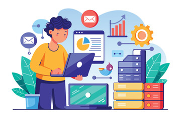 Poster - A person explores data storage methods on a laptop while analyzing graphics and charts, Examining how data is stored on a laptop using a simple picture.