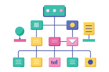 Poster - A colorful flowchart visually explains business rules and processes through various shapes and connections, Explain business rules with a simple illustration.