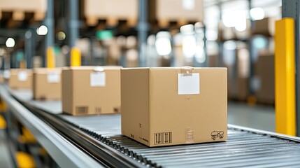 Aufkleber - Packages moving along a conveyor belt in a modern warehouse environment.