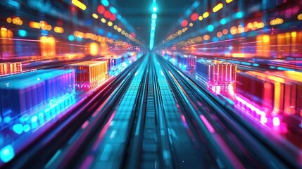 Poster - Colorful abstract view of a train track leading into the distance, motion blur.
