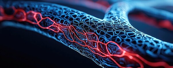 Poster - Intricate 3D model of blood vessels with glowing blue and red highlights.